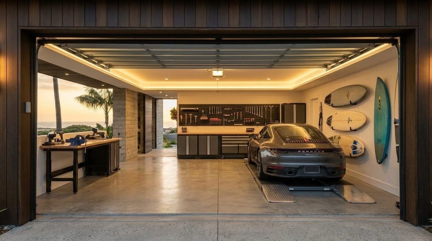 Horizon Garage Door Repairs White Interior View of Custom Garage Door Overhead and Workshop